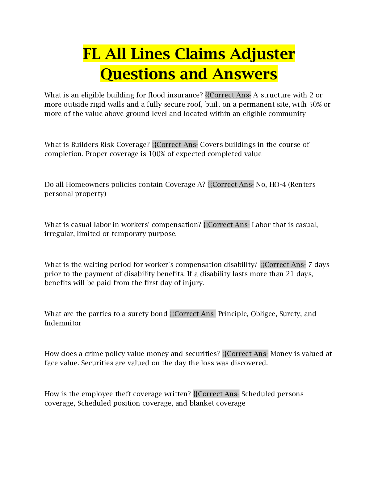 FL All Lines Claims Adjuster Questions and Answers Browsegrades
